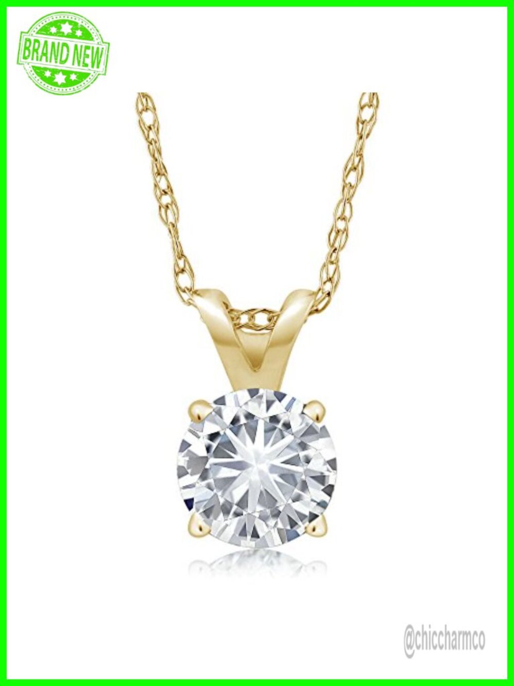 14K Yellow Gold White Moissanite Solitaire Pendant Necklace 18 Inch Chain